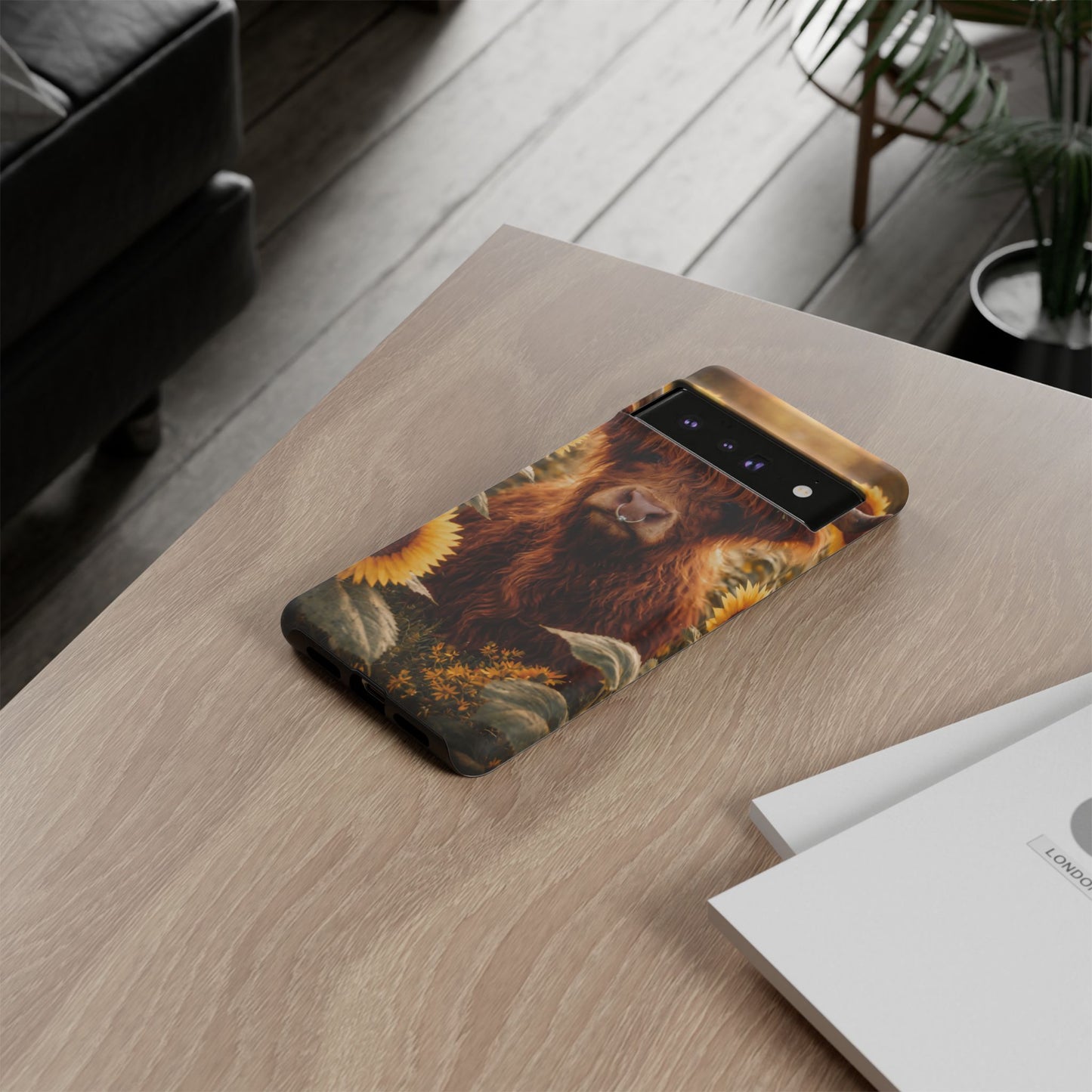 Highland Cow Sunflower Phone Case | Floral Farmhouse iPhone, Samsung Galaxy and Pixel Cover