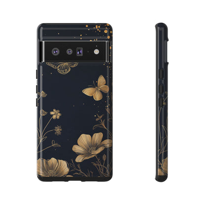 Gold Floral Butterfly Phone Case, Dark Aesthetic Botanical, Elegant Black Luxury iPhone Samsung Cover