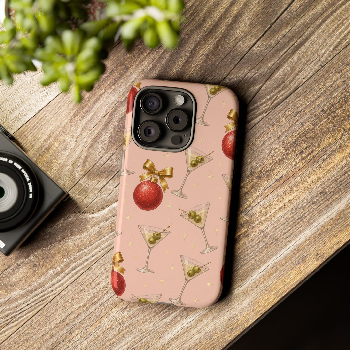 Cocktail Ornament Phone Case – Pink Martini & Cherry Pattern | Glossy or Matte for Iphone, Samsung Galaxy and Pixel