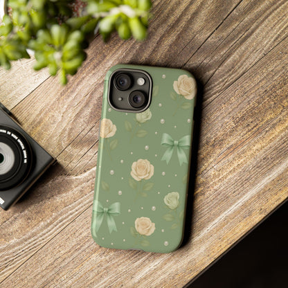 Vintage Rose Bow Phone Case – Sage Green Floral Coquette Aesthetic Tough Case (iPhone, Samsung, Pixel)