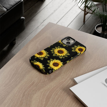 Sunflower Floral Tough Phone Case – Black Background Protective Cover for Iphone, Samsung Galaxy and Pixel