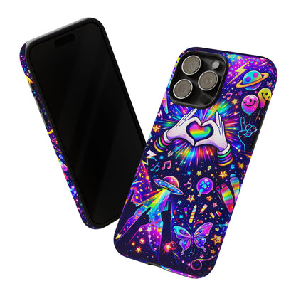 Rainbow Heart Hands Phone Case – Neon Galaxy EDM Festival Tough Cover