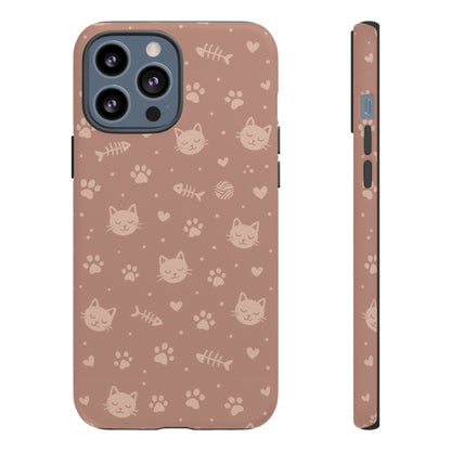 Cute Cat Pattern Phone Case | Paw Prints, Fishbone & Yarn Design Tough Case
