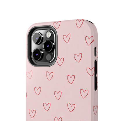 Pink Doodle Hearts Phone Case | Minimal Cute Heart Pattern Tough Case