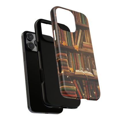 Cozy Vintage Bookshelf Phone Case, Library Aesthetic Book Stack, Autumn Coffee Vibes (iPhone, Samsung, Pixel)
