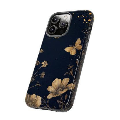 Gold Floral Butterfly Phone Case, Dark Aesthetic Botanical, Elegant Black Luxury iPhone Samsung Cover