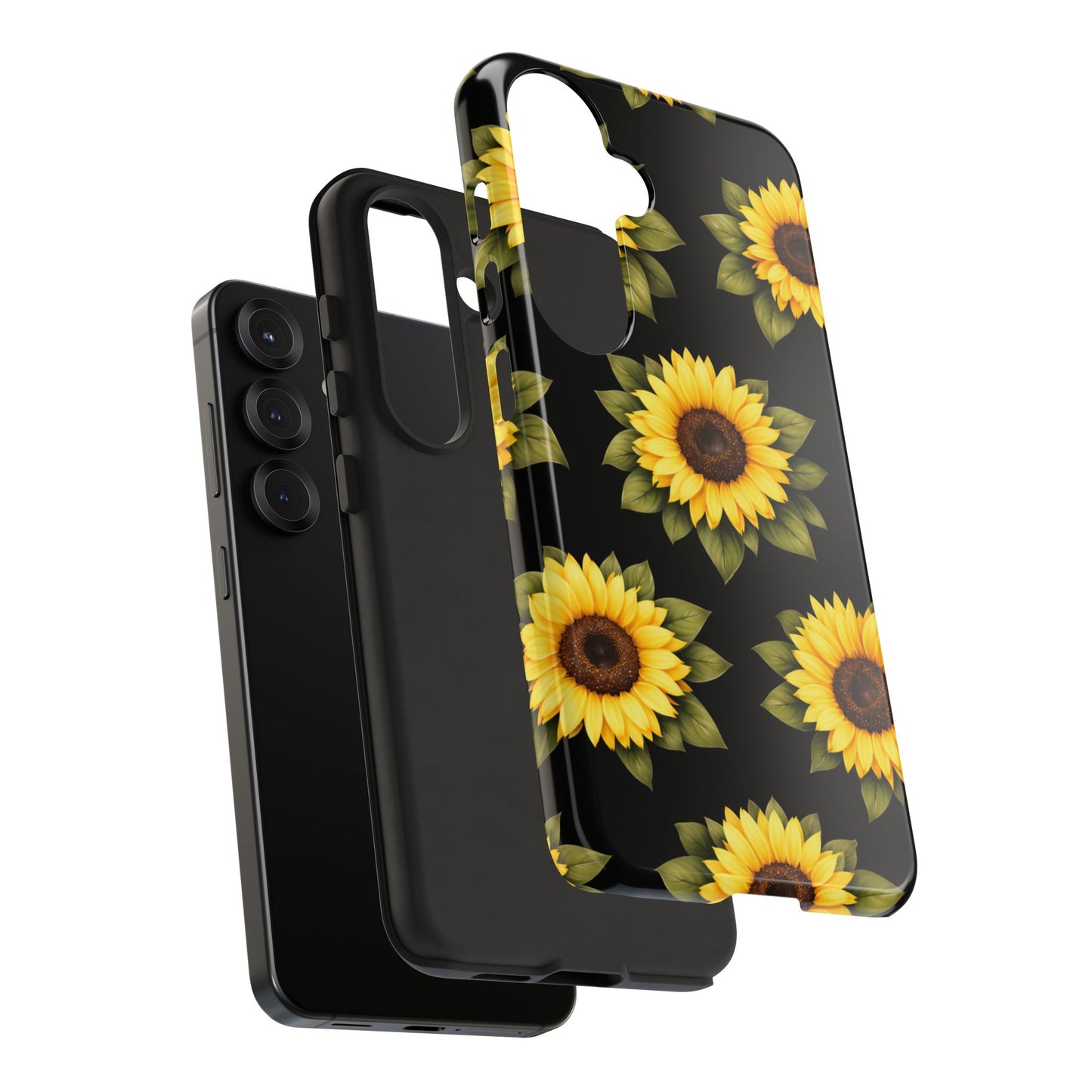 Sunflower Floral Tough Phone Case – Black Background Protective Cover for Iphone, Samsung Galaxy and Pixel