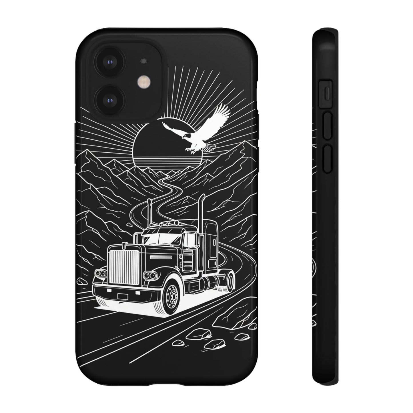 Trucker Highway Phone Case | Eagle & Mountain Line Art | Black Western Tough Case