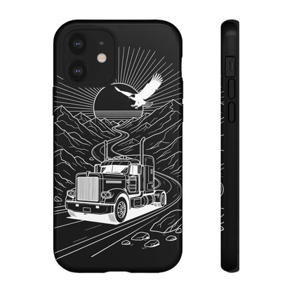 Trucker Highway Phone Case | Eagle & Mountain Line Art | Black Western Tough Case
