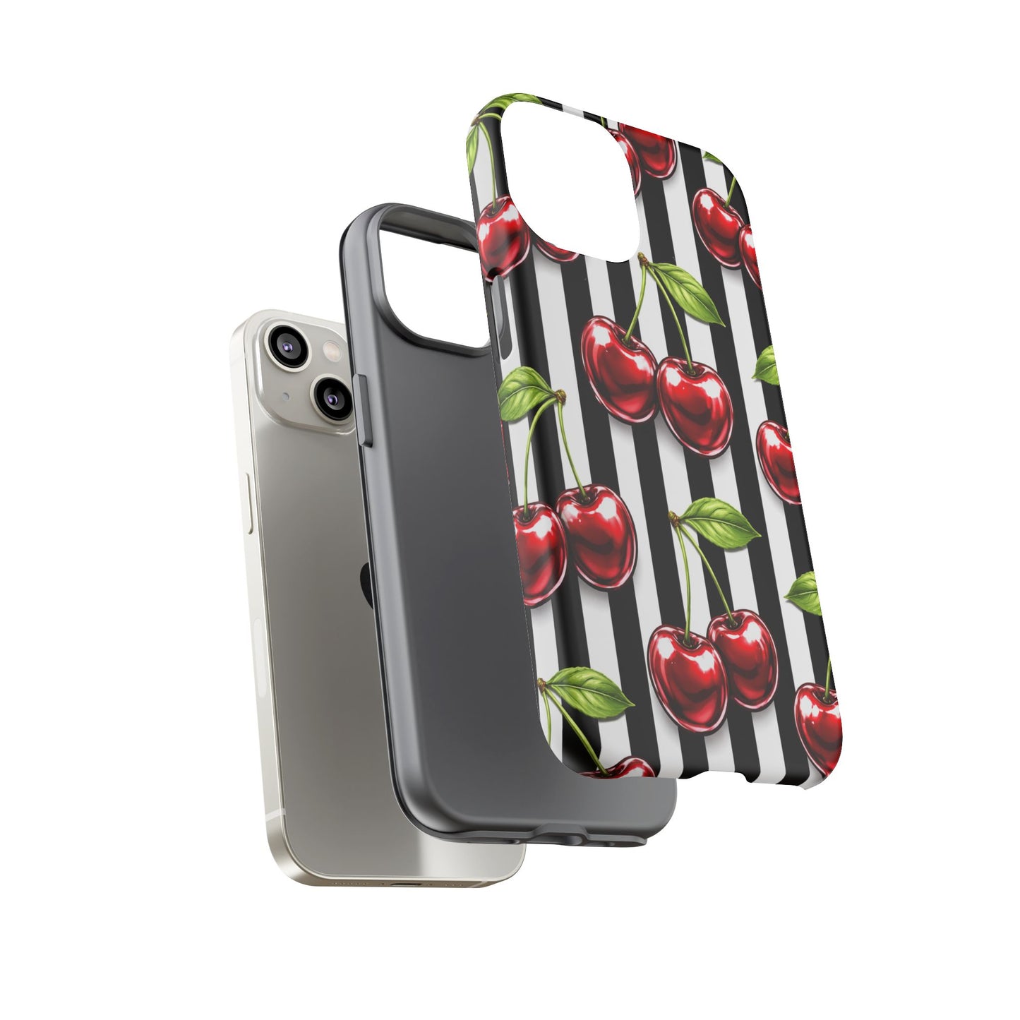 Cherry Pattern Phone Case Black White Stripe Retro Aesthetic Tough Cover