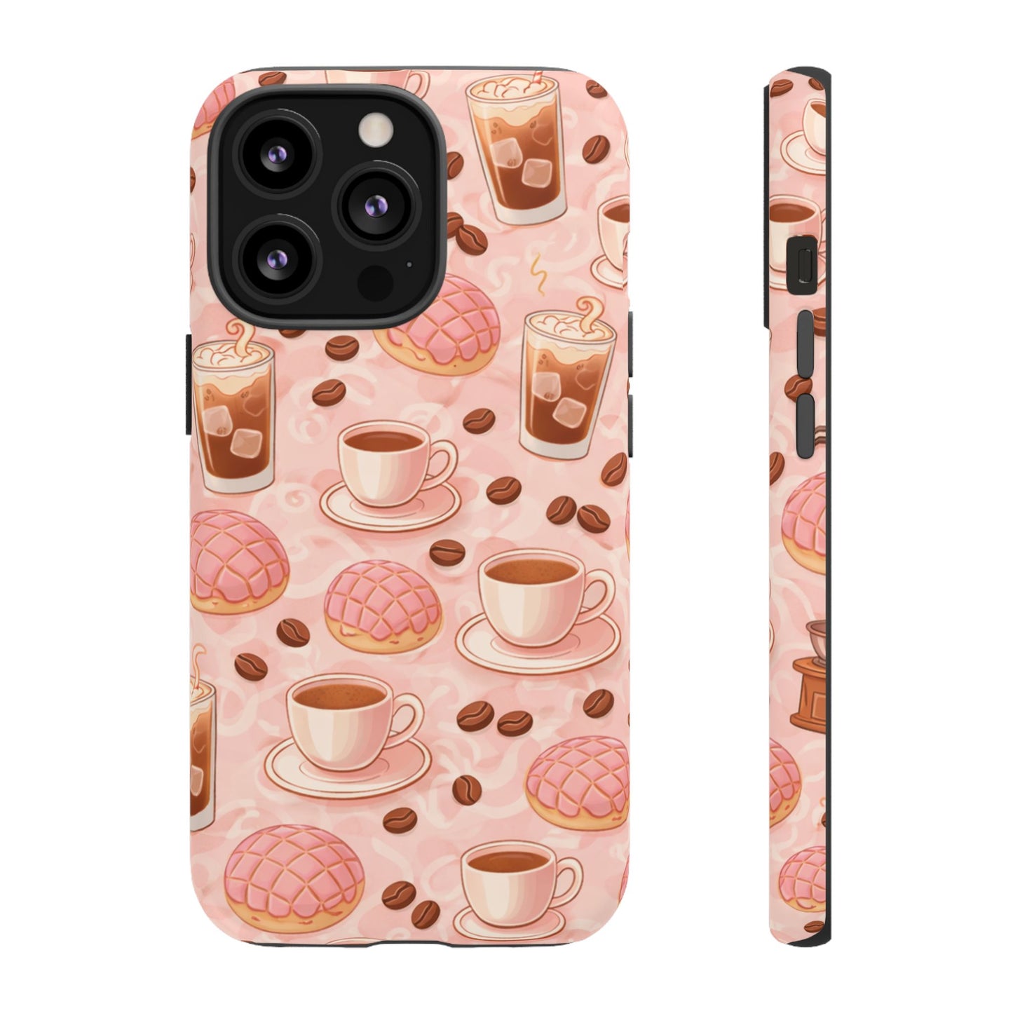Cute Coffee & Pink Concha Phone Case – Coffee Lover Aesthetic Latte Pattern Tough Case