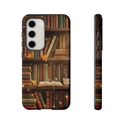 Cozy Vintage Bookshelf Phone Case, Library Aesthetic Book Stack, Autumn Coffee Vibes (iPhone, Samsung, Pixel)
