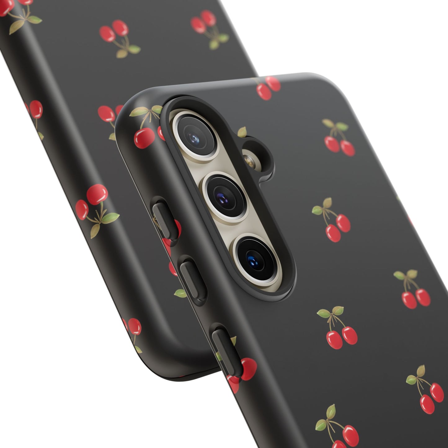 Cherry Pattern Phone Case — Slim Black Protective iPhone Case with Red Cherries for Iphone, Samsung Galaxy and Pixel