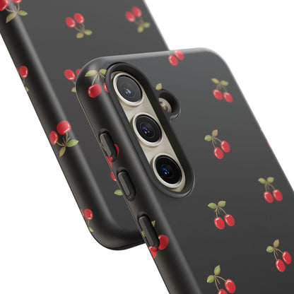 Cherry Pattern Phone Case — Slim Black Protective iPhone Case with Red Cherries for Iphone, Samsung Galaxy and Pixel