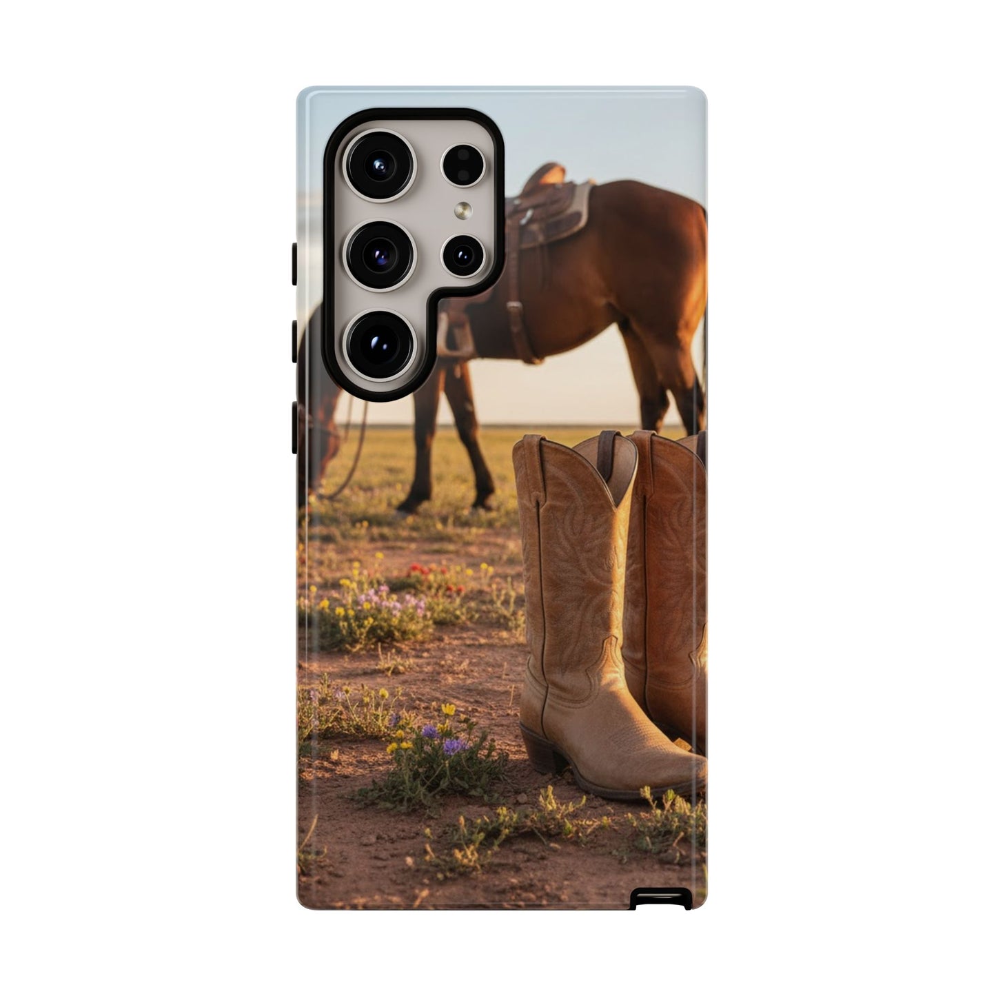 Western Cowboy Boots Phone Case – Rustic Horse Sunset Tough Case (iPhone, Samsung, Pixel)