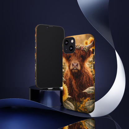Highland Cow Sunflower Phone Case | Floral Farmhouse iPhone, Samsung Galaxy and Pixel Cover