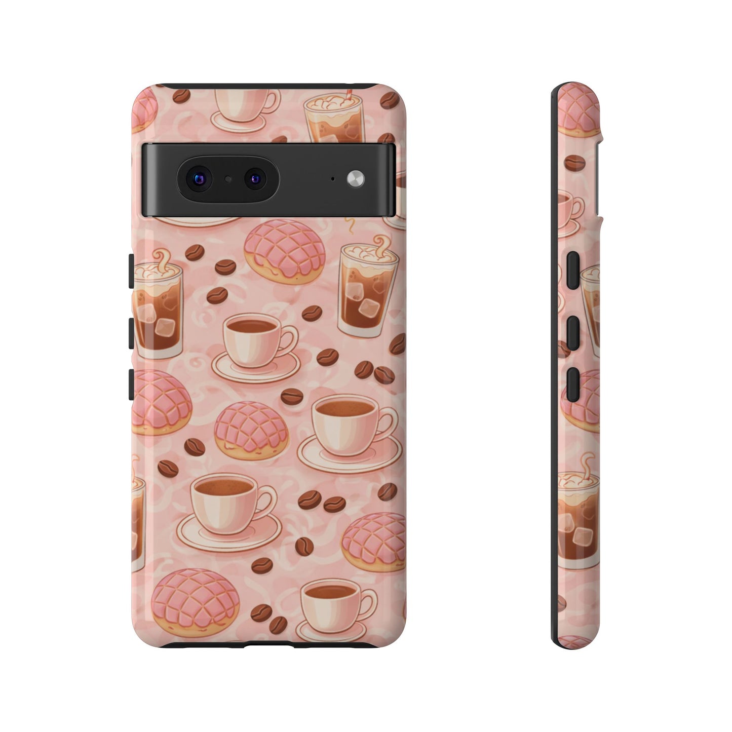 Cute Coffee & Pink Concha Phone Case – Coffee Lover Aesthetic Latte Pattern Tough Case