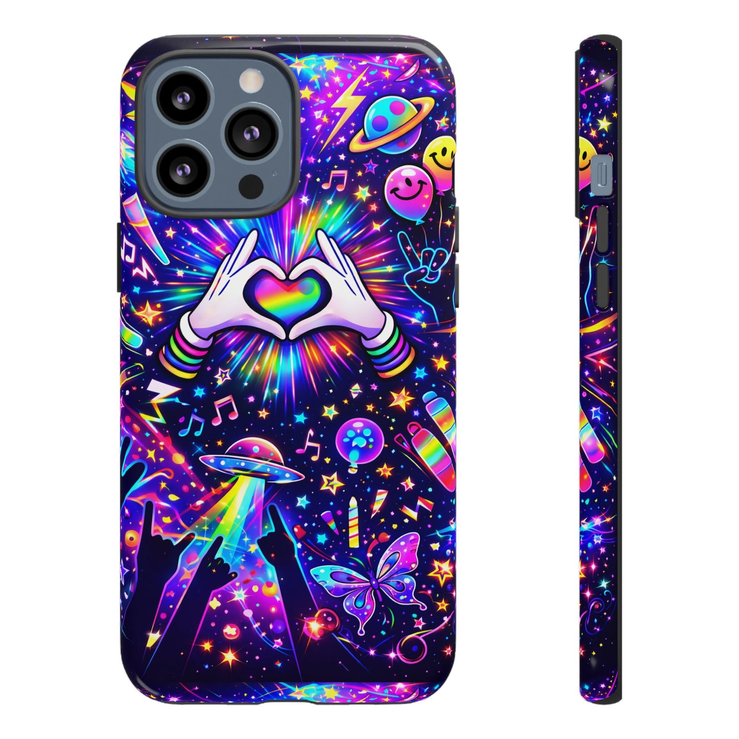 Rainbow Heart Hands Phone Case – Neon Galaxy EDM Festival Tough Cover