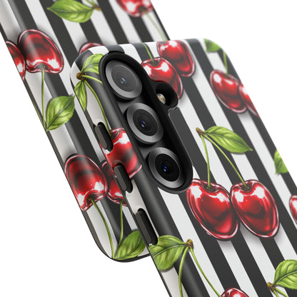 Cherry Pattern Phone Case Black White Stripe Retro Aesthetic Tough Cover