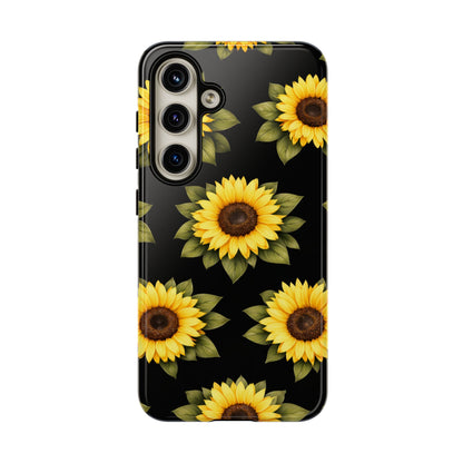 Sunflower Floral Tough Phone Case – Black Background Protective Cover for Iphone, Samsung Galaxy and Pixel