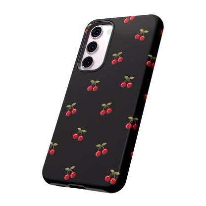 Cherry Pattern Phone Case — Slim Black Protective iPhone Case with Red Cherries for Iphone, Samsung Galaxy and Pixel
