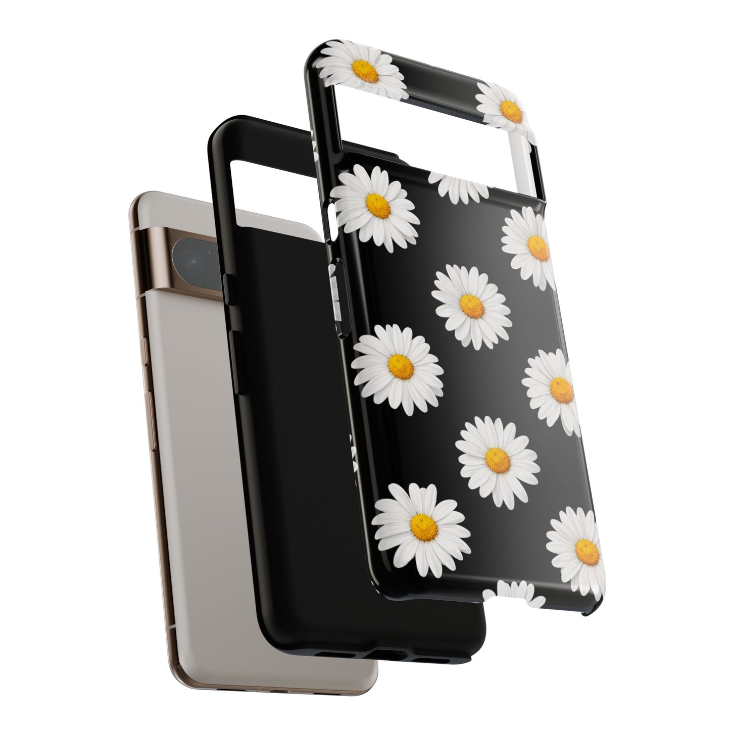 Black Daisy Floral Tough Phone Case – Cute Protective Cover for Iphone, Samsung Galaxy and Pixel