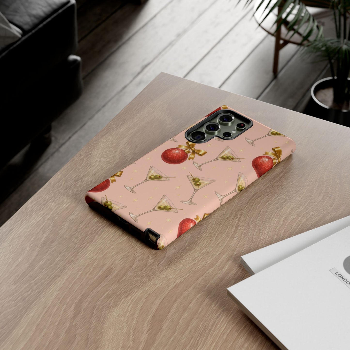 Cocktail Ornament Phone Case – Pink Martini & Cherry Pattern | Glossy or Matte for Iphone, Samsung Galaxy and Pixel