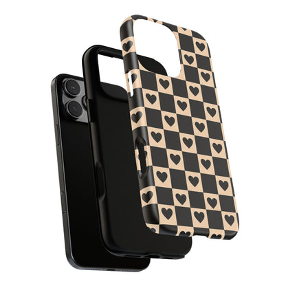 Checkerboard Heart Phone Case – Black & Beige Cute Aesthetic Protective Cover for Iphone, Samsung Galaxy and Pixel