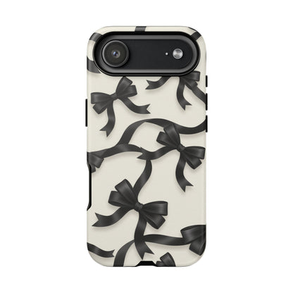 Black Ribbon Bow Phone Case, Minimal Bow Pattern Tough Protective Case