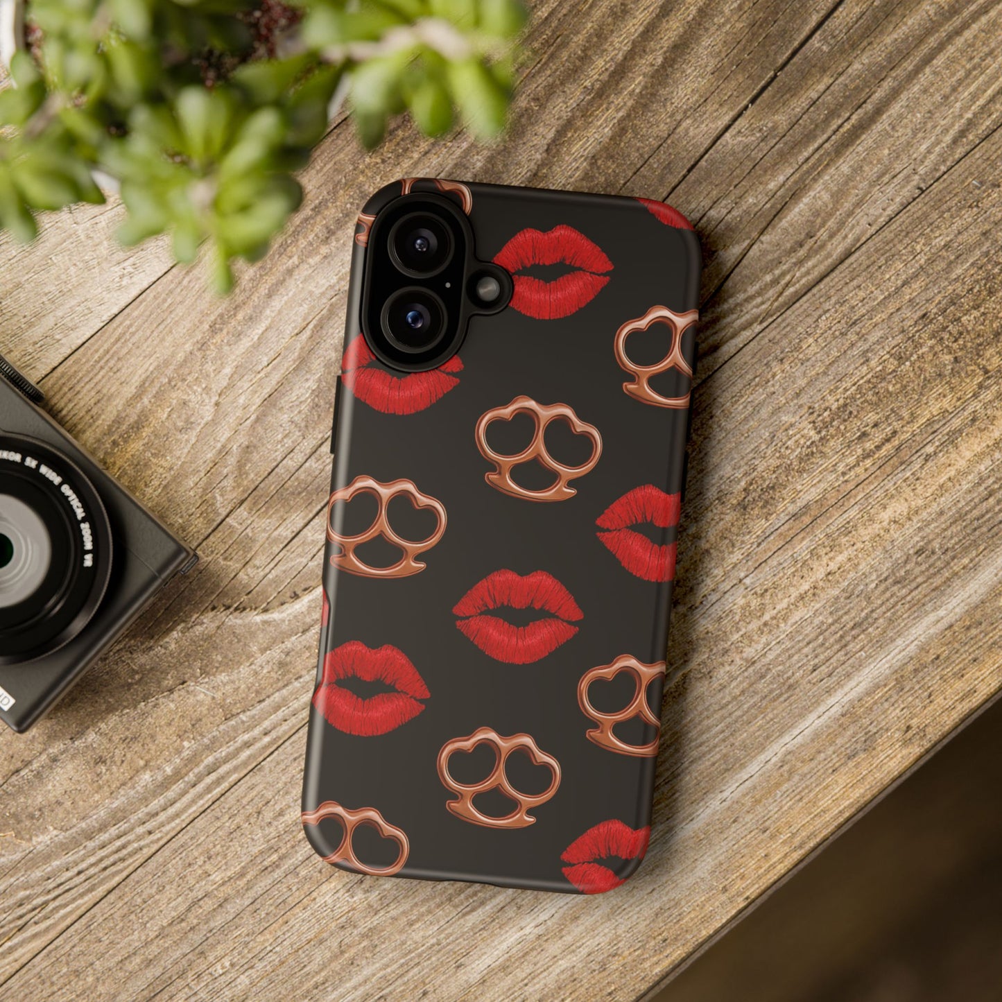 Red Lipstick & Knuckle Duster Phone Case | Bold Kiss Print Tough Protective Cover for Iphone, Samsung Galaxy and Pixel