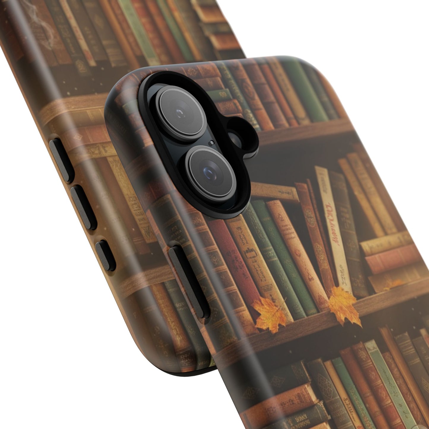 Cozy Vintage Bookshelf Phone Case, Library Aesthetic Book Stack, Autumn Coffee Vibes (iPhone, Samsung, Pixel)