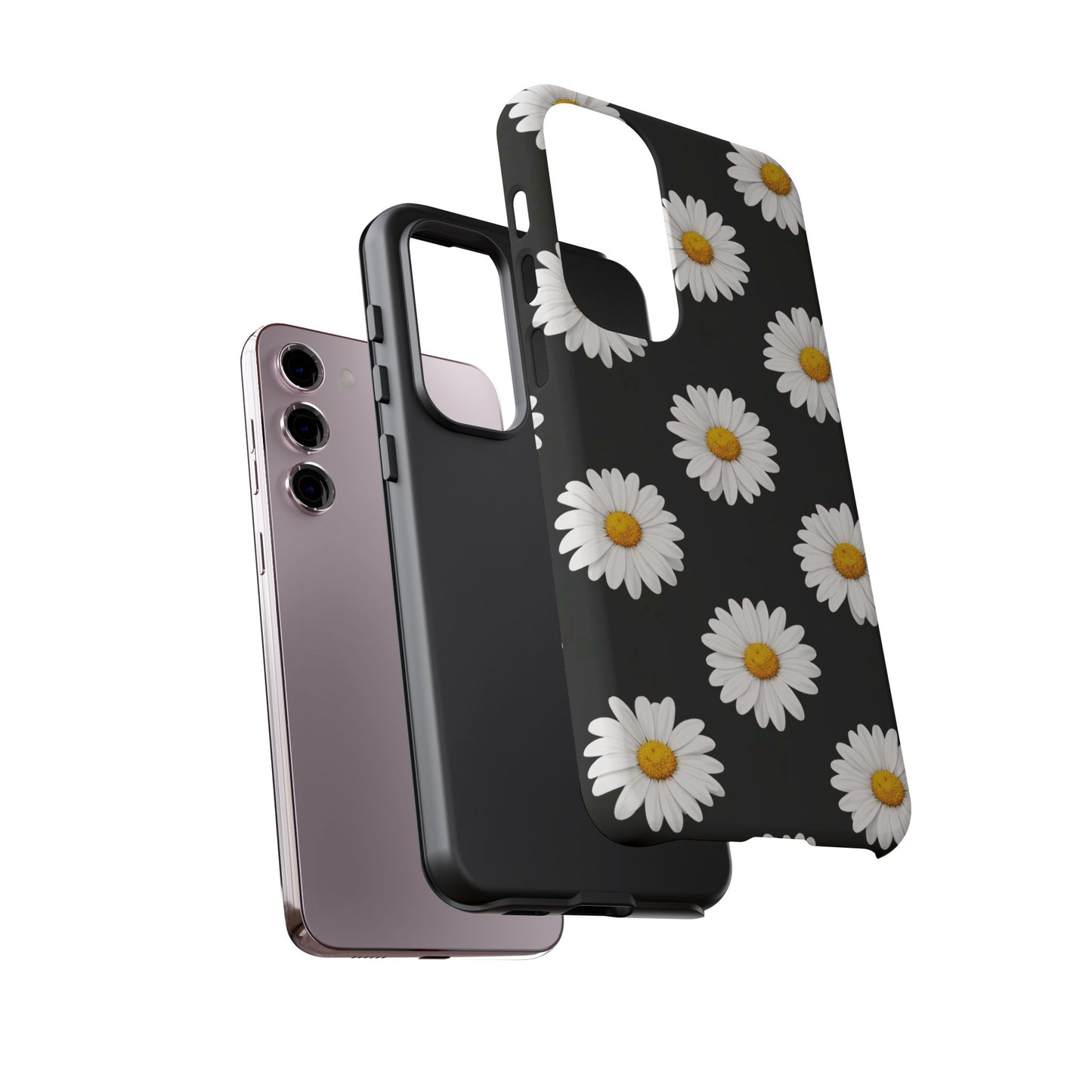 Black Daisy Floral Tough Phone Case – Cute Protective Cover for Iphone, Samsung Galaxy and Pixel