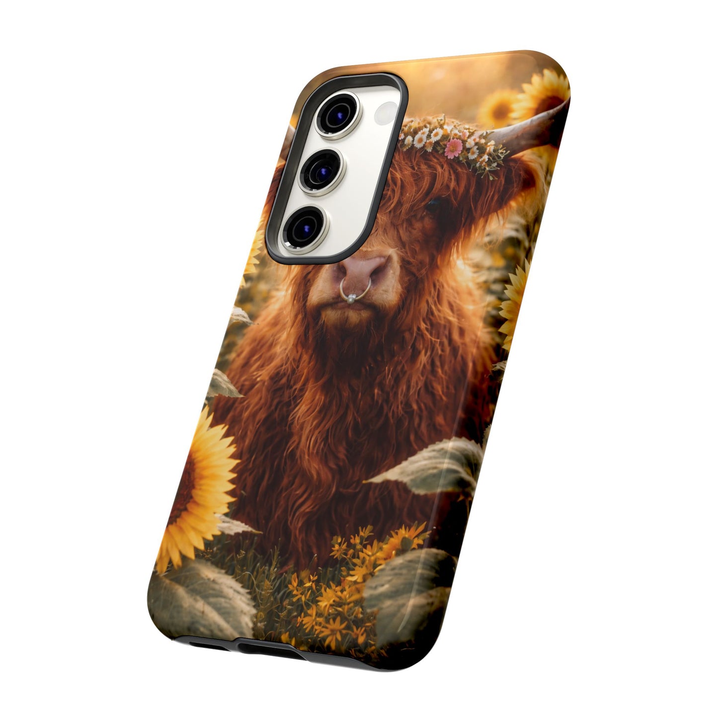 Highland Cow Sunflower Phone Case | Floral Farmhouse iPhone, Samsung Galaxy and Pixel Cover