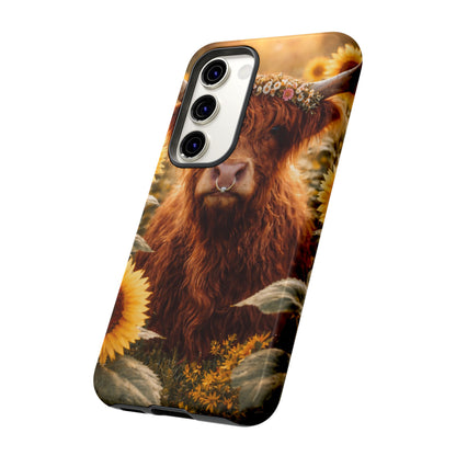 Highland Cow Sunflower Phone Case | Floral Farmhouse iPhone, Samsung Galaxy and Pixel Cover