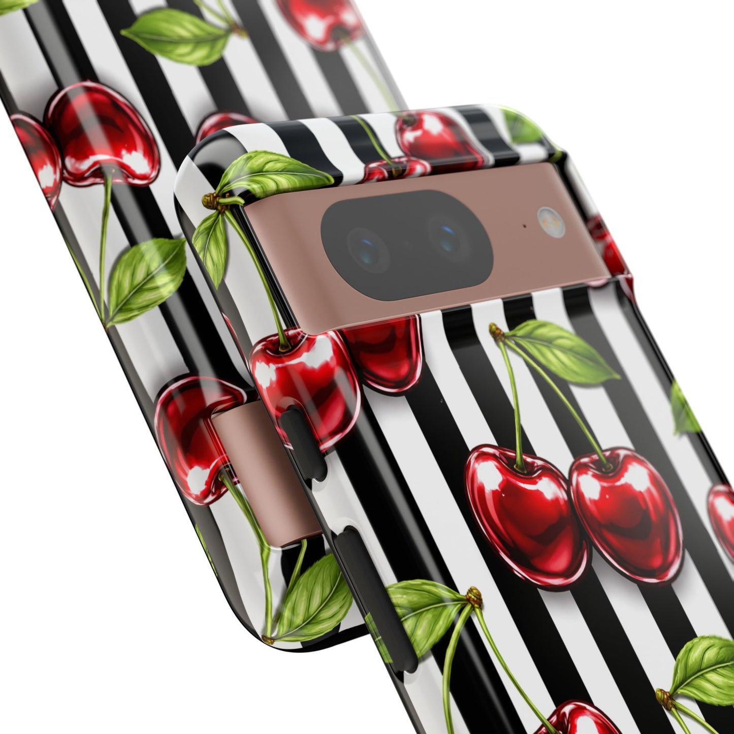 Cherry Pattern Phone Case Black White Stripe Retro Aesthetic Tough Cover