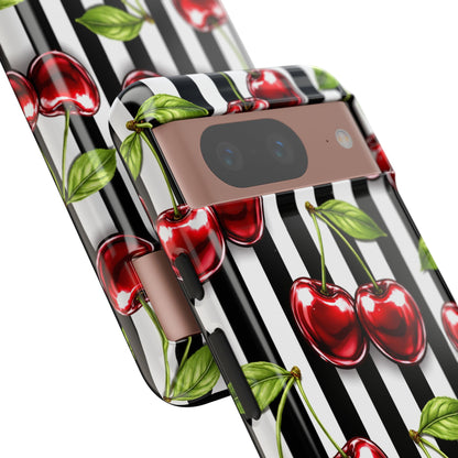 Cherry Pattern Phone Case Black White Stripe Retro Aesthetic Tough Cover