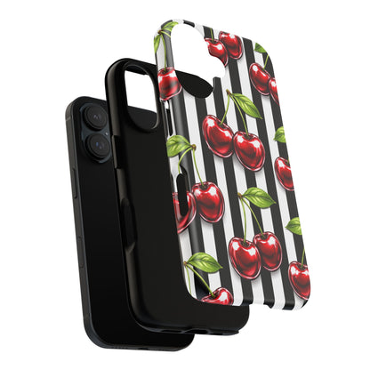 Cherry Pattern Phone Case Black White Stripe Retro Aesthetic Tough Cover