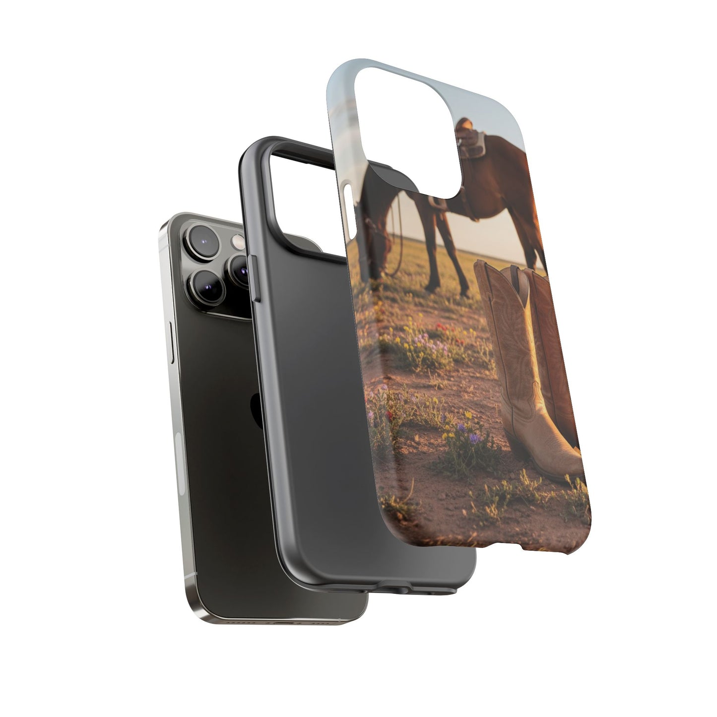 Western Cowboy Boots Phone Case – Rustic Horse Sunset Tough Case (iPhone, Samsung, Pixel)