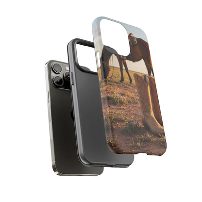 Western Cowboy Boots Phone Case – Rustic Horse Sunset Tough Case (iPhone, Samsung, Pixel)