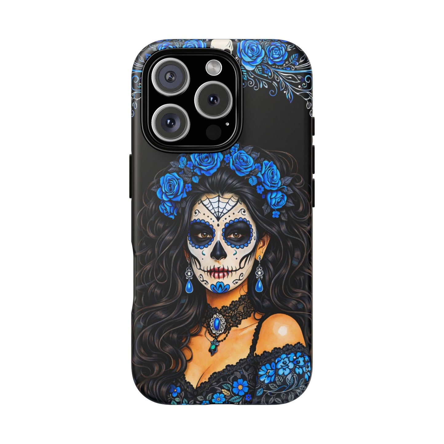 Blue Sugar Skull Woman Phone Case – Day of the Dead Aesthetic Tough Cover