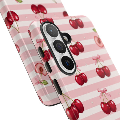 Coquette Cherry Bow Phone Case | Cute Pink Aesthetic Cherry Pattern Tough Case for iPhone & Samsung