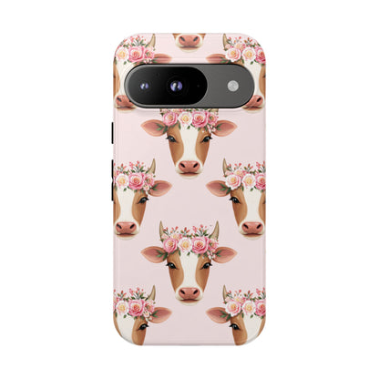 Floral Cow Phone Case – Cute Pink Cow Print Tough Protective Case for Iphone, Samsung Galaxy and Pixel