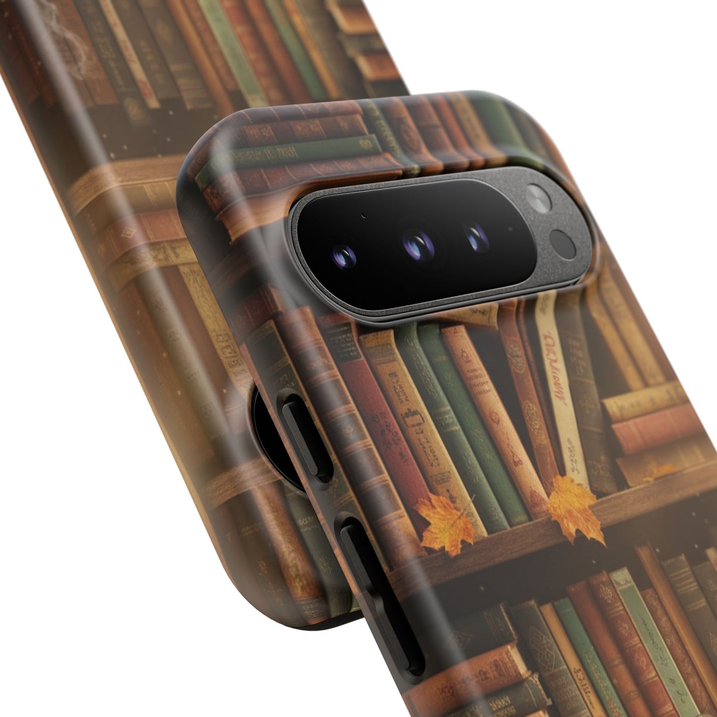 Cozy Vintage Bookshelf Phone Case, Library Aesthetic Book Stack, Autumn Coffee Vibes (iPhone, Samsung, Pixel)