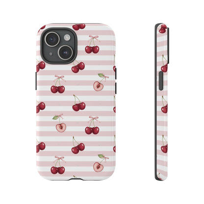 Pink Cherry Stripe Phone Case | Cute Coquette Aesthetic Protective Tough Case
