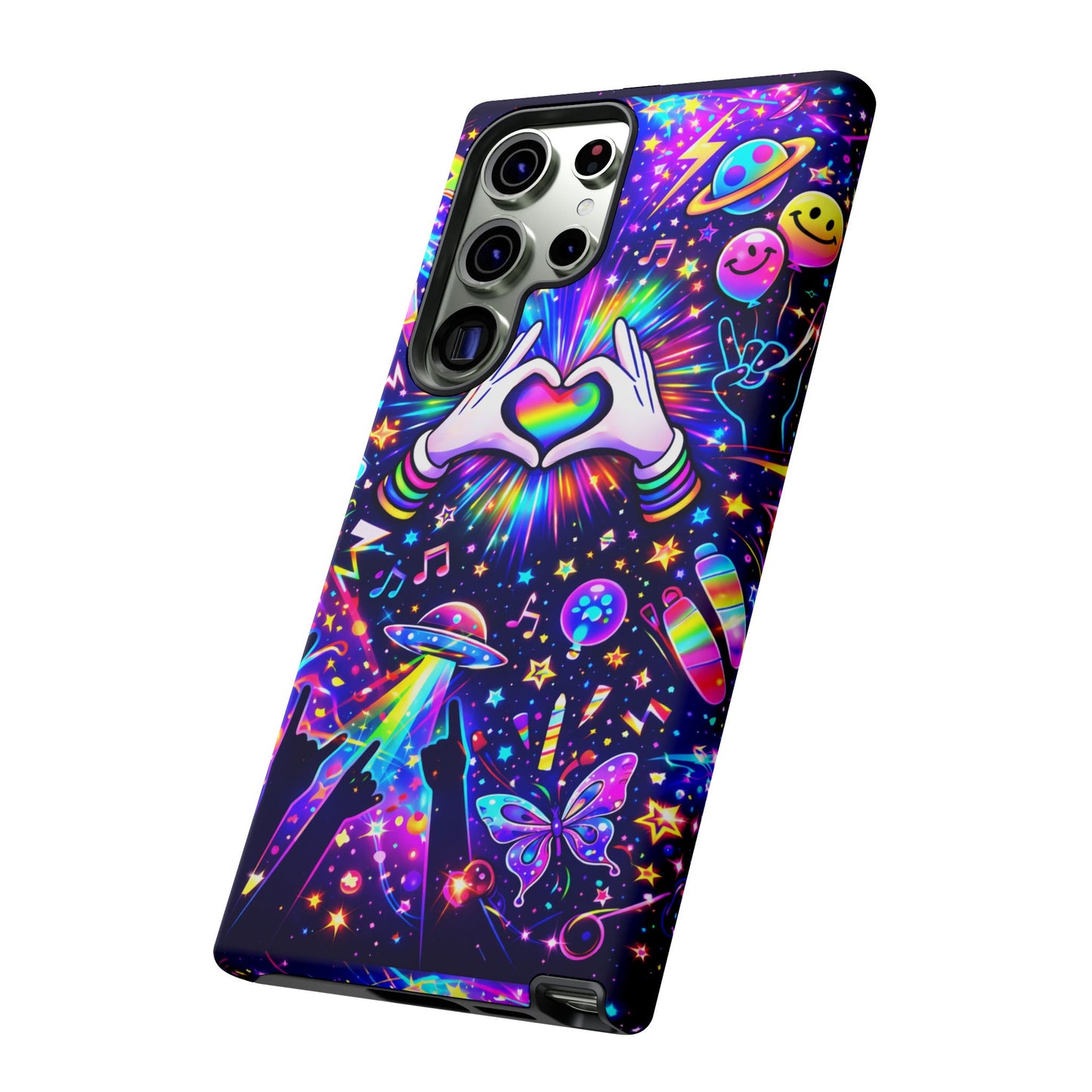 Rainbow Heart Hands Phone Case – Neon Galaxy EDM Festival Tough Cover