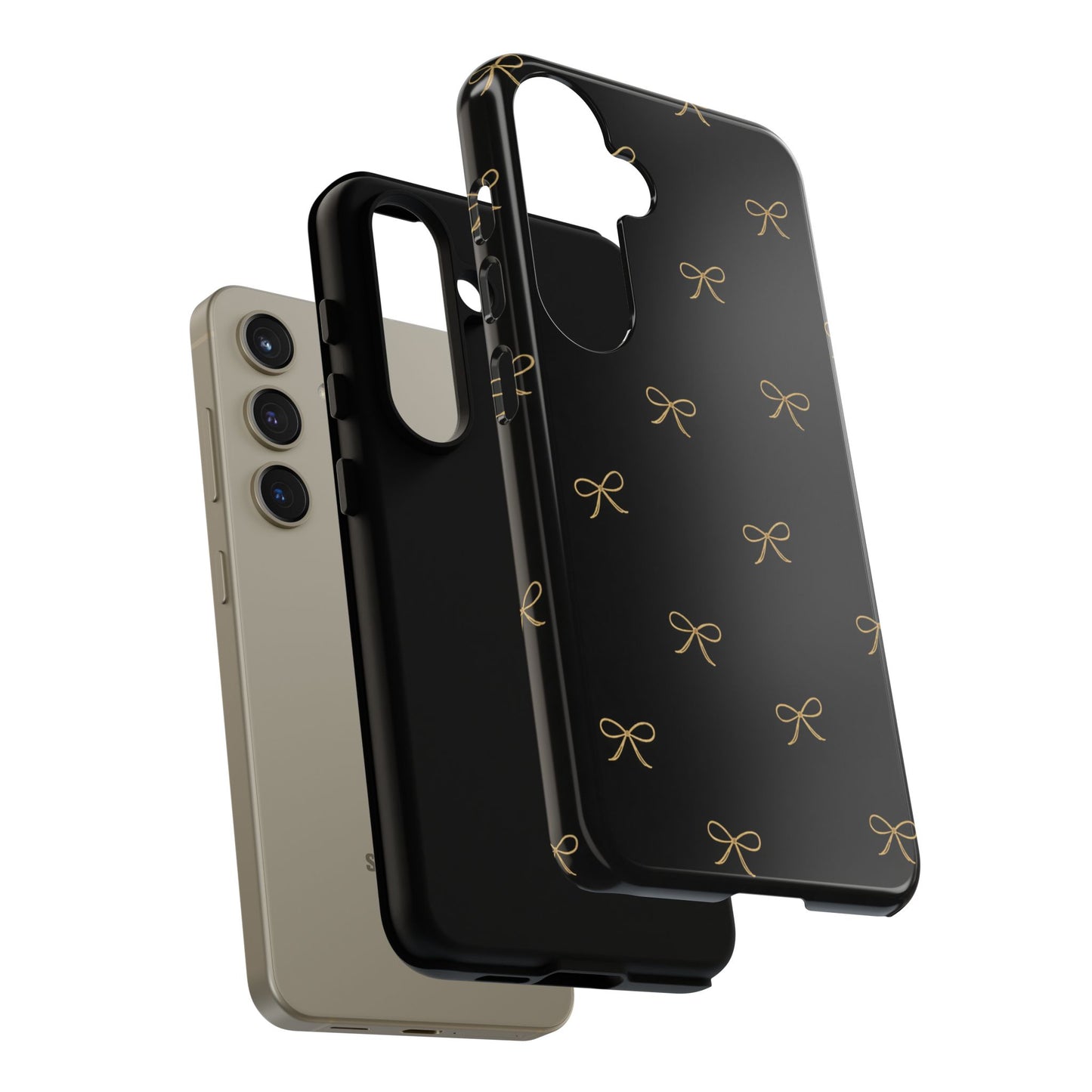 Black Phone Case with Gold Bow Pattern – Slim Protective Cute Aesthetic Cover for Iphone, Samsung Galaxy and Pixel