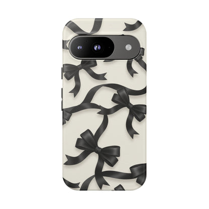 Black Ribbon Bow Phone Case, Minimal Bow Pattern Tough Protective Case