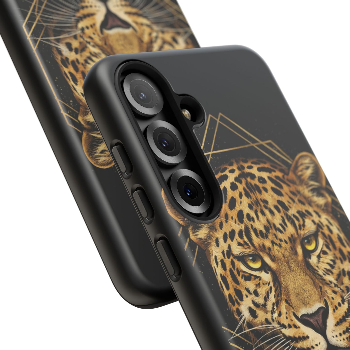 Leopard Head Geometric Phone Case – Black & Gold Luxe Tough Case