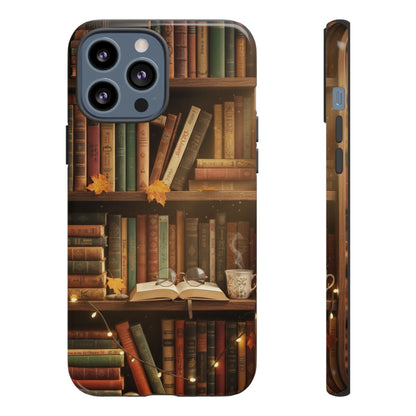 Cozy Vintage Bookshelf Phone Case, Library Aesthetic Book Stack, Autumn Coffee Vibes (iPhone, Samsung, Pixel)
