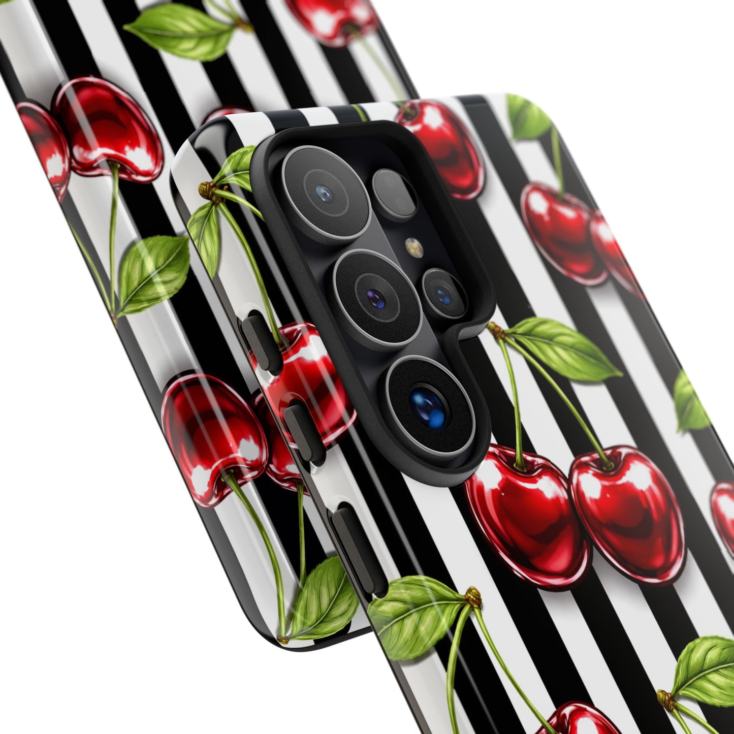 Cherry Pattern Phone Case Black White Stripe Retro Aesthetic Tough Cover